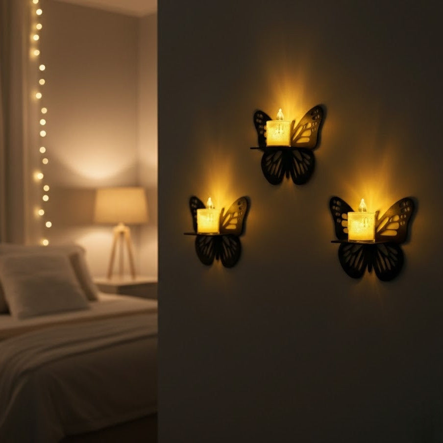 Wooden butterfly wall decor with LED candle light